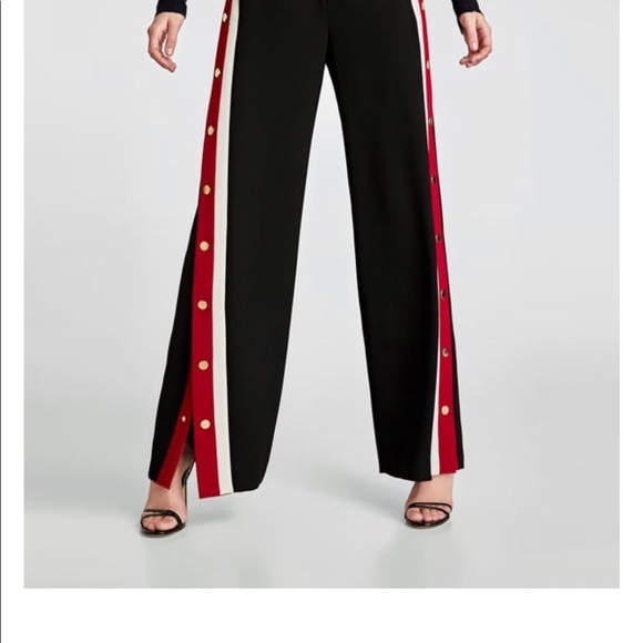 Zara Pants Side Stripes Side Snap Buttons Pocket Elastic Waist - Picture 1 of 4